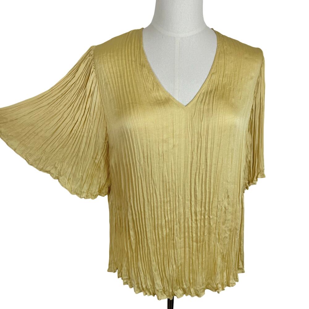 Vince Plissé Pleated Satin Blouse Top in Butter Yellow XXL NWT